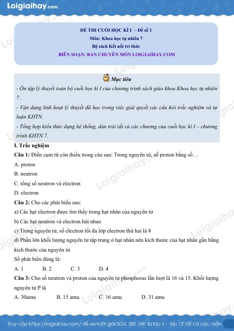 Đề thi học kì 1 KHTN 7 Kết nối tri thức - Đề số 11